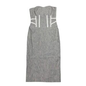 Bebe Grey Linen Blend Corset Strapless Midi Dress White Contrast Piping Size 00